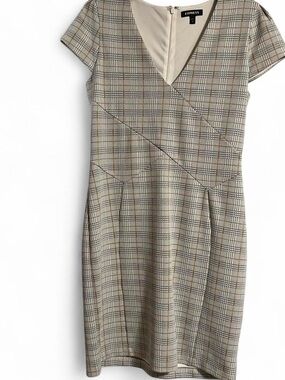 Express Plaid Cap-Sleeve Sheath Dress in Gray